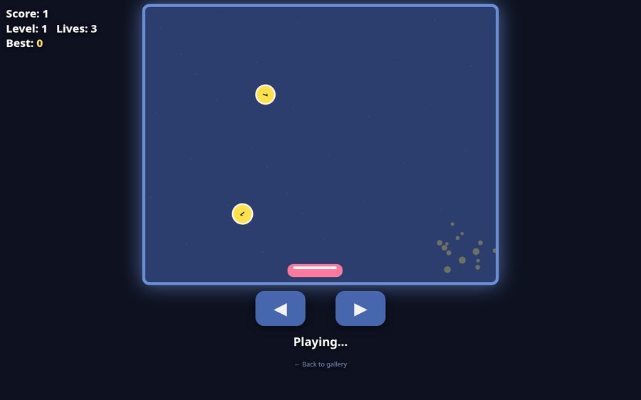 Screenshot of Catch falling coins: a dark blue play area with falling coins and a pink paddle, arrow buttons below, and the score, level, lives and best score shown in English